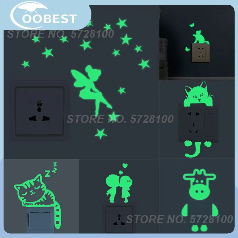 

Cartoon Switch Sticker Fluorescent Paste Fairy Stars Sticker Glow In The Dark Luminous Cat Sticker Home Decor Decal Decorative