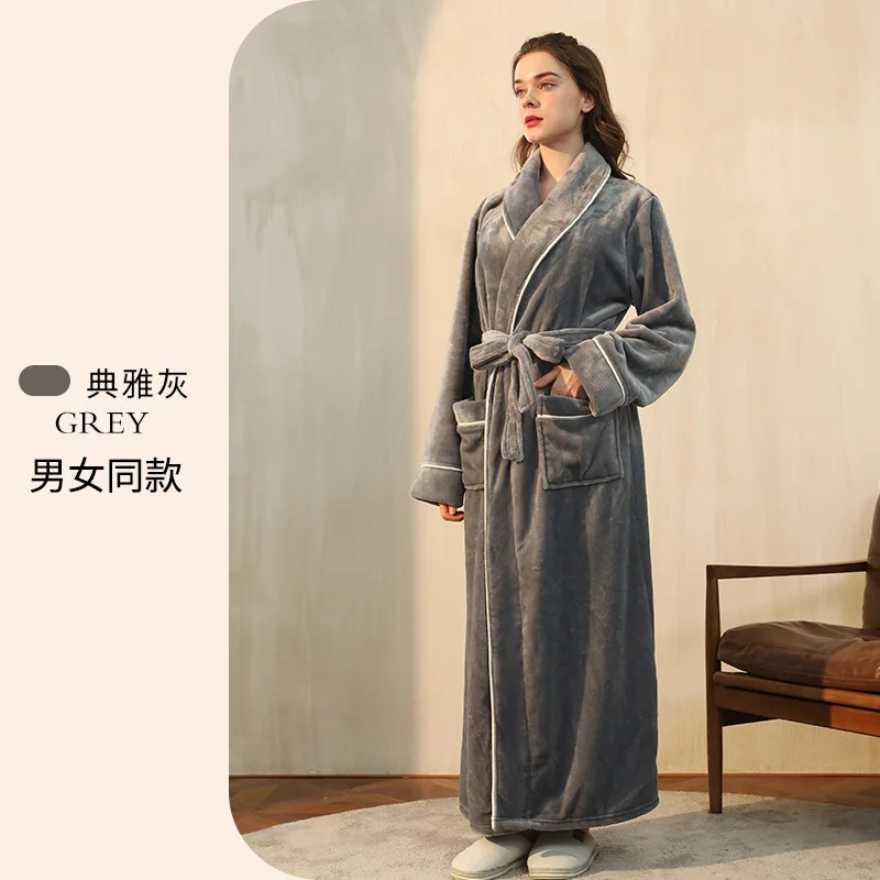 Winter Long Bathrobe Thick Warm Flannel Robe For Couple Man and Women Fleece Bathrobe Nightgowns For Winter Warm