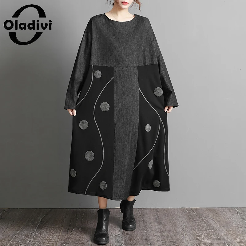 

Модное женское платье Oladivi с принтом в горошек, большого размера, новинка весны 2022, платья-Макси большого размера с длинным рукавом, женское ...