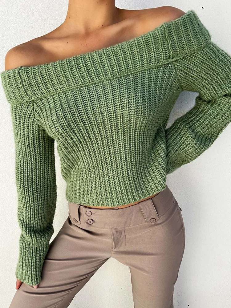 

hirigin Green Off-Shoulder Knit Sweaters Women Fall Winter Casual Pullover Tops Solid Color Long Sleeve Slash Neck Jumper Tops