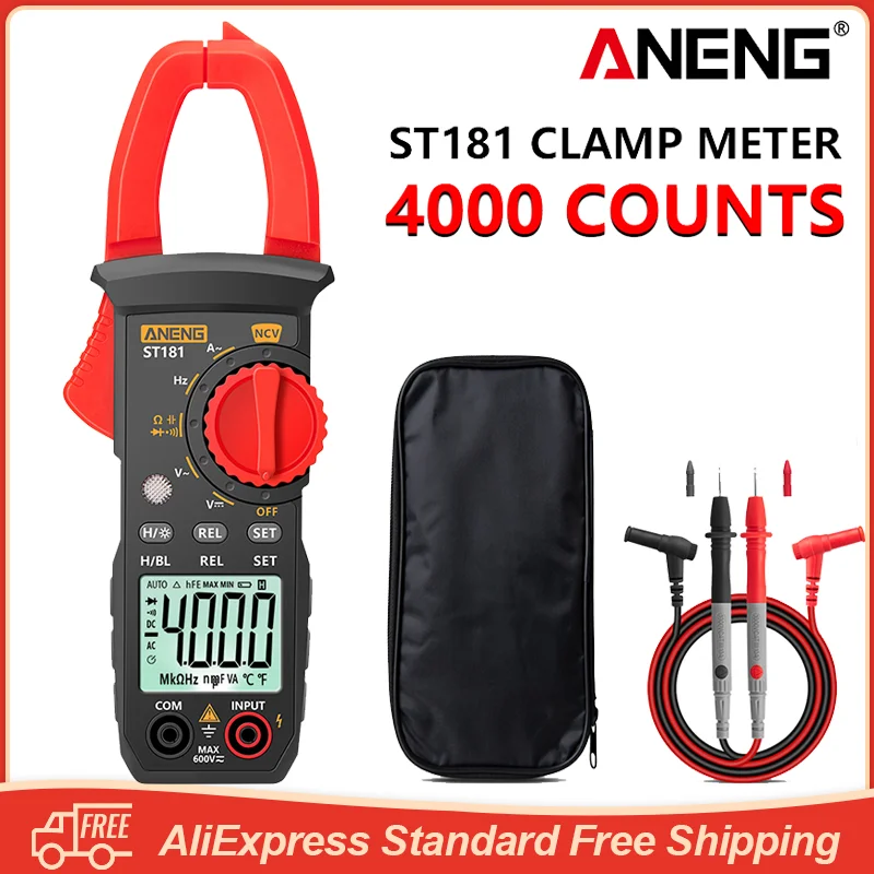 

ANENG ST181 Digital Clamp Meter DC/AC Current Multimeter Ammeter Voltage Tester 4000 Counts Car Amp Hz Capacitance NCV Ohm Test