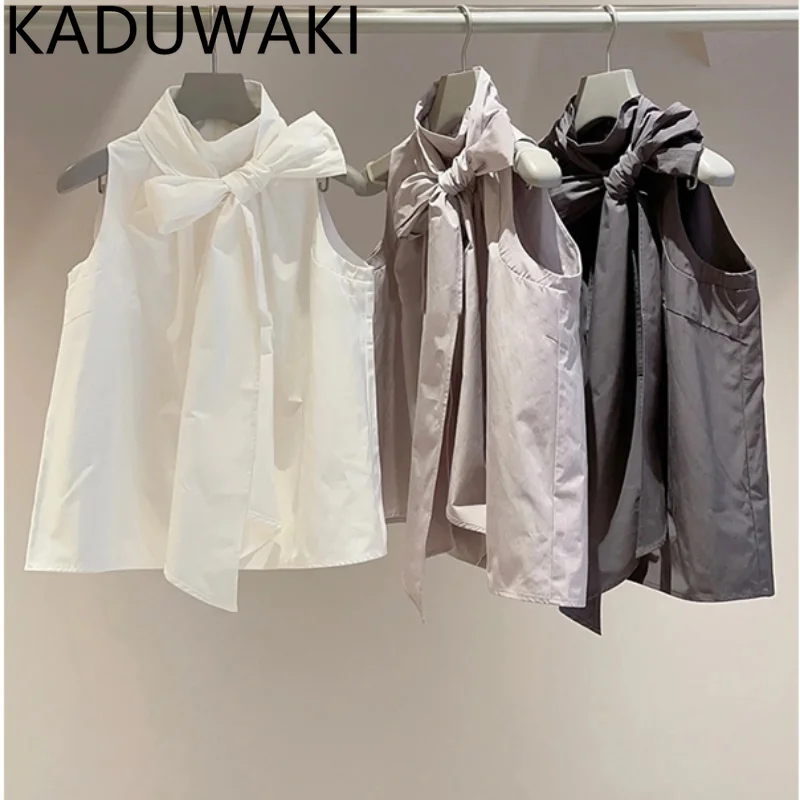 

Блузка женская бандажная без рукавов, с воротником-стойкой