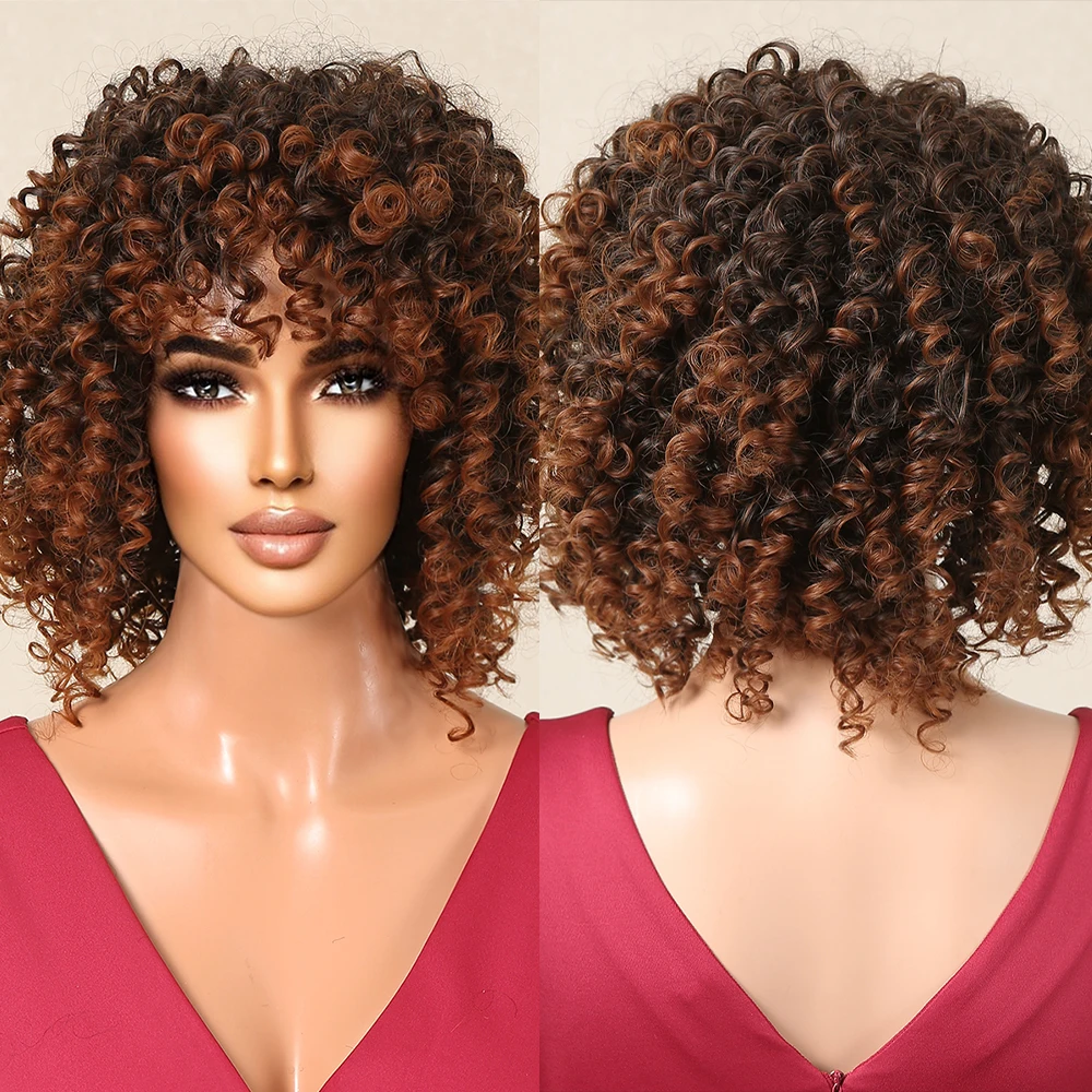 

HAIRCUBE Short Loose Curly Bob Wigs for Women Bouncy Synthetic Natural Cosplay Hair Wigs with Bang Brown Afro Kinky Curly Wig