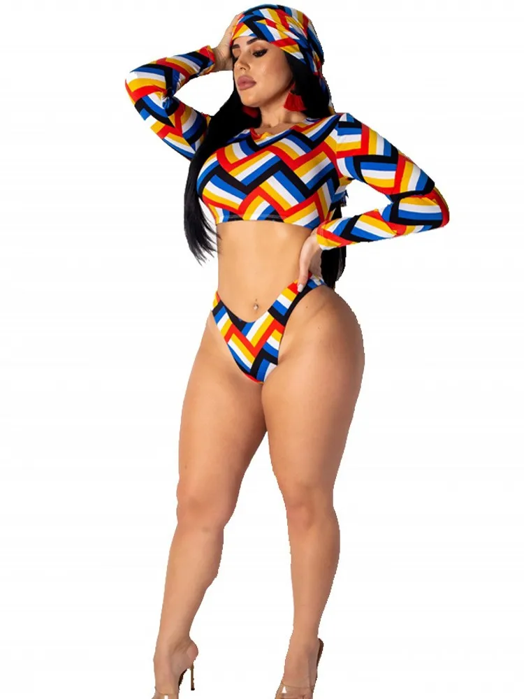 

Two Piece Bikini Set Swimwear Women With Turbans Tops And Panties Bathing Suit Summer New Fashion Print Beach Holiday Bikini Set