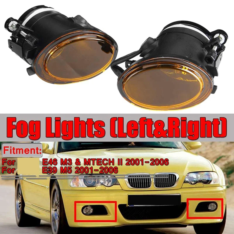 1Pair Car Front Bumper Fog Lights Driving Lamp Foglight Yellow Shell For-BMW E46 M3 Mtech II E39 M5 2001-2006