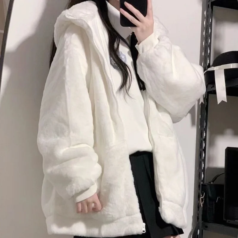 Deeptown Women Zip Hoodie Thicken Fuzzy Fleece Sweatshirts Harajuku Bear Ear Oversize White Coats Cute Soft Winter Outerwear New images - 6