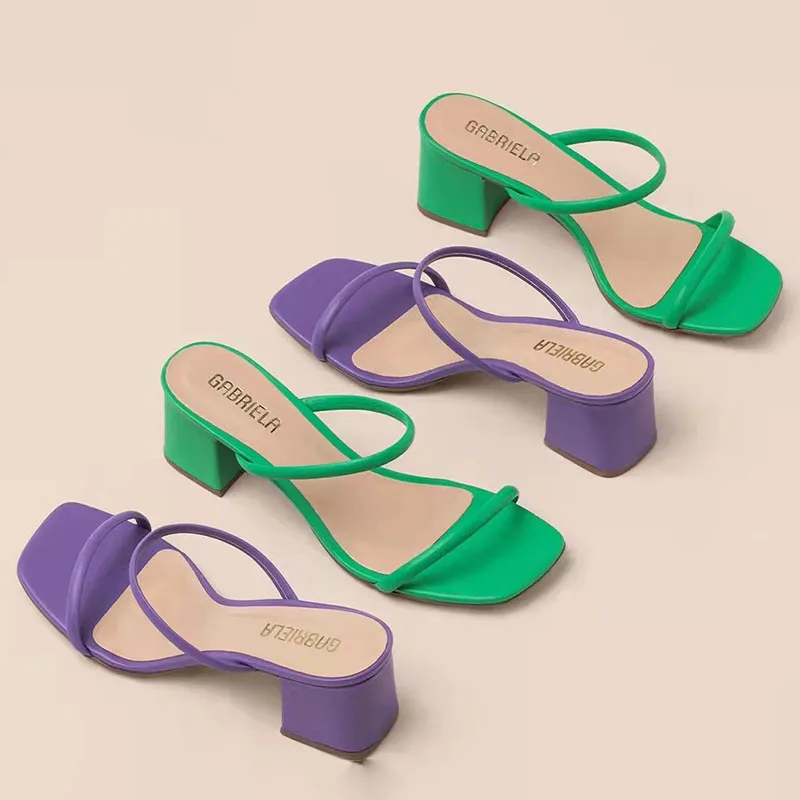 

2023 Summer Peep Toe Women Slippers Fashion Solid Color Outdoor Square Heels Sandals Sexy Beach Slides Pumps Sandalias De Mujer