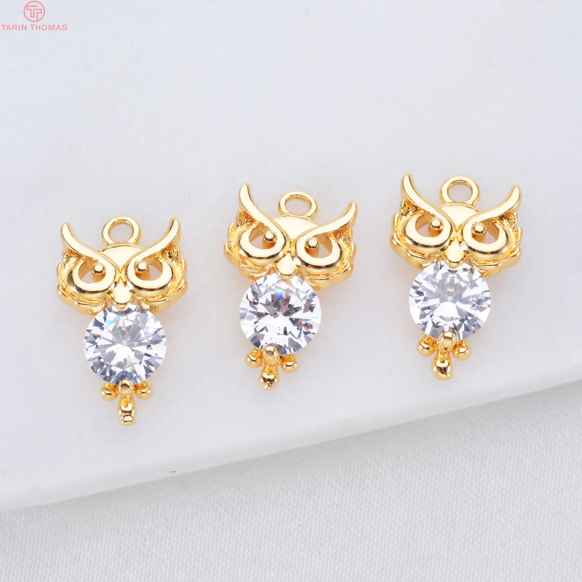 (696) 6 шт. 17x10 мм 24-каратное золото латунь с цирконом подвески в виде совы высокое