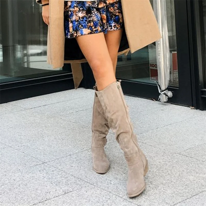 Women Boots Trend 2022 Designer Luxury Faux Suede Casual Low Heel Plus Size Women Shoes Classic Round Head Lady Knee Boots
