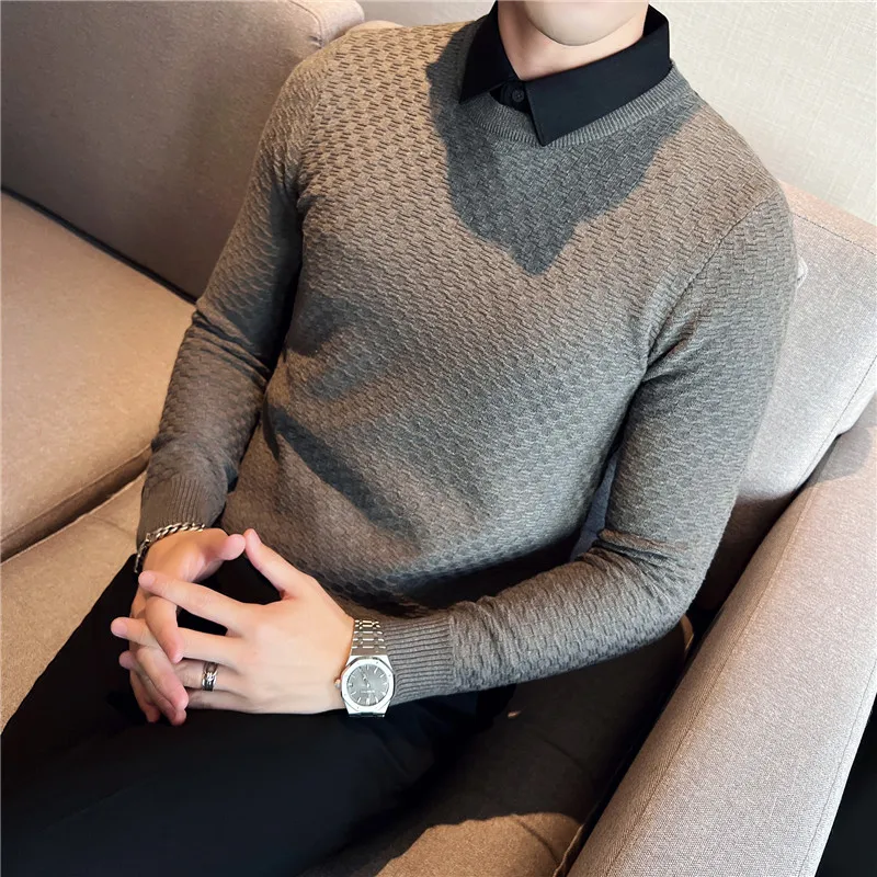 

Premium jacquard fake two piece sweater Men's 2023 spring new splicing shirt collar top trend casual versatile knitting pullover