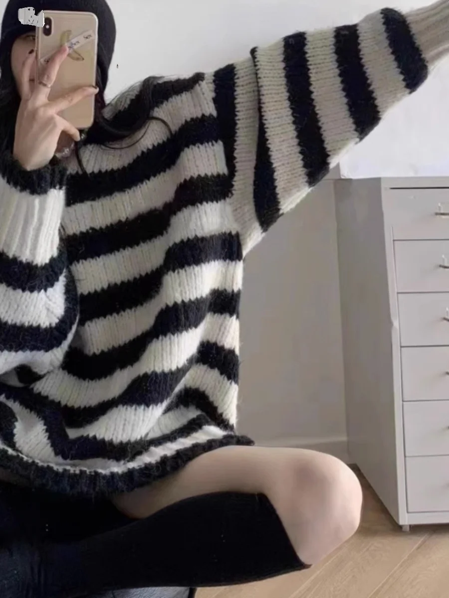 Korean Series Contrast Color Stripe Mid-Length Thick Line Sweater Women Autumn and Winter New V-neck Loose Idle Sle Knit Top