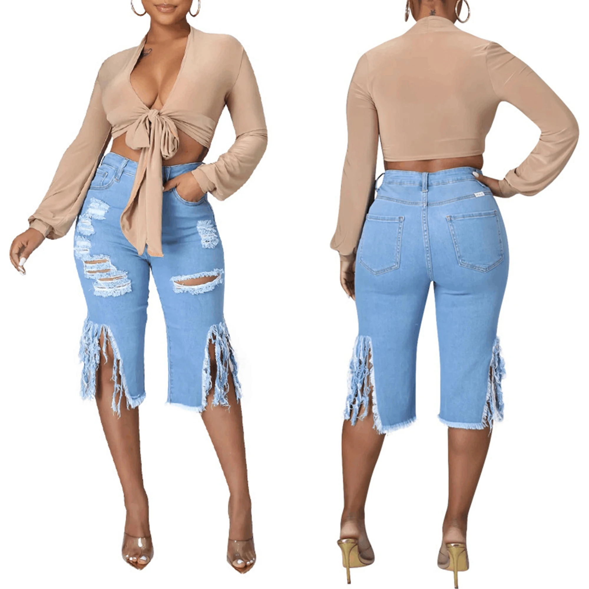 

Kayotuas Women Jeans Ripped Hollow Out Hole Split High Waist Skinny Vintage Clothes 90s Ladies Daily Streetwear