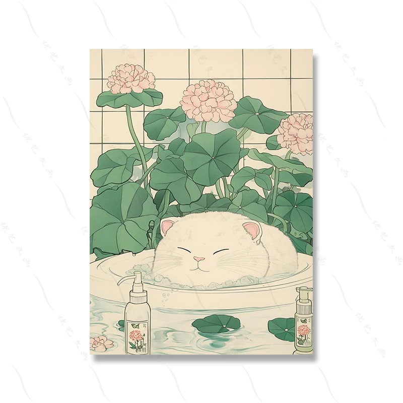 

Толстый кот, лошадь, лиса в ванне, постер, японский эстетический настенный художественный принт для ванной комнаты, забавный декор японского языка, минималистичные нейтральные фотографии