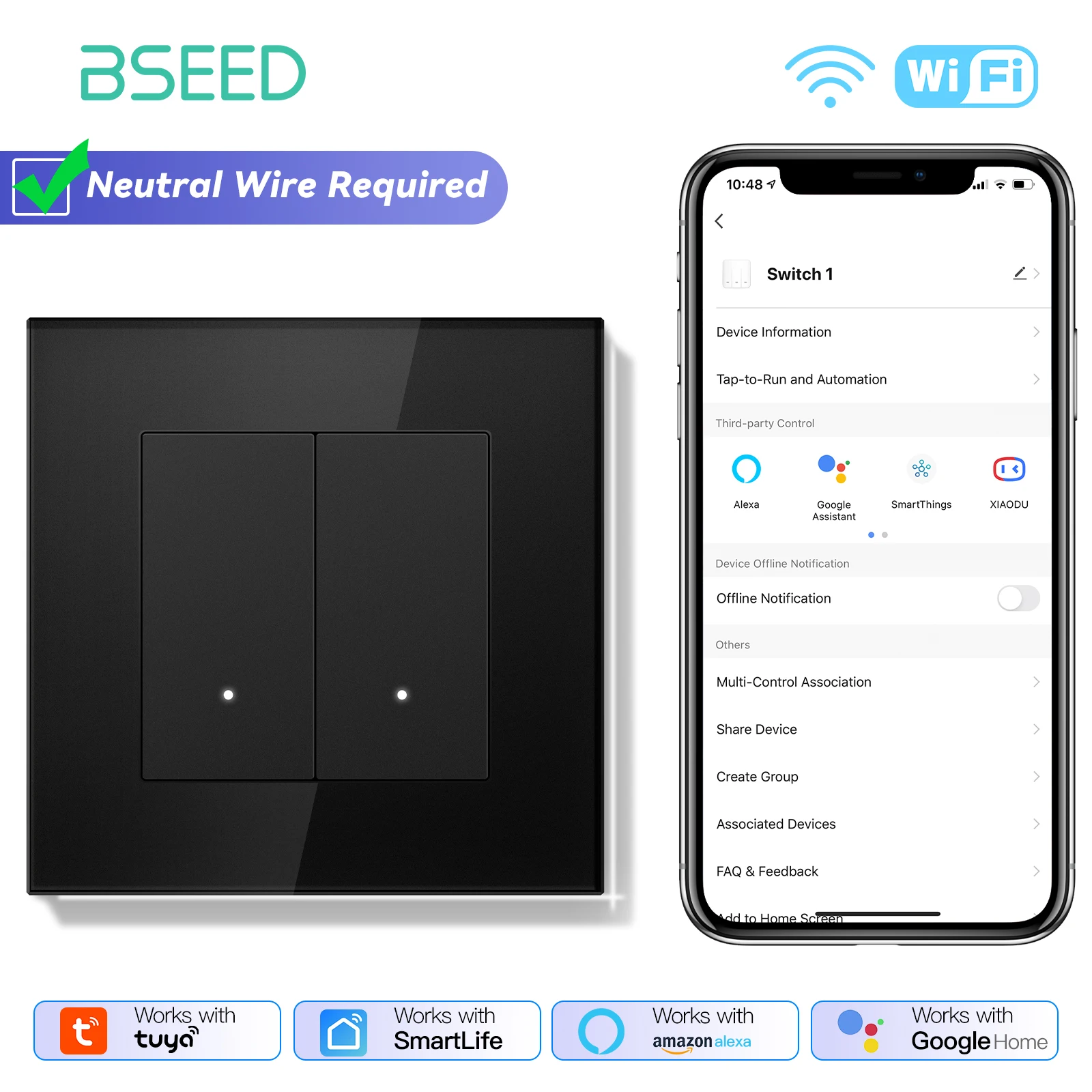 BSEED Умный WiFi выключатель света стеклянный черный