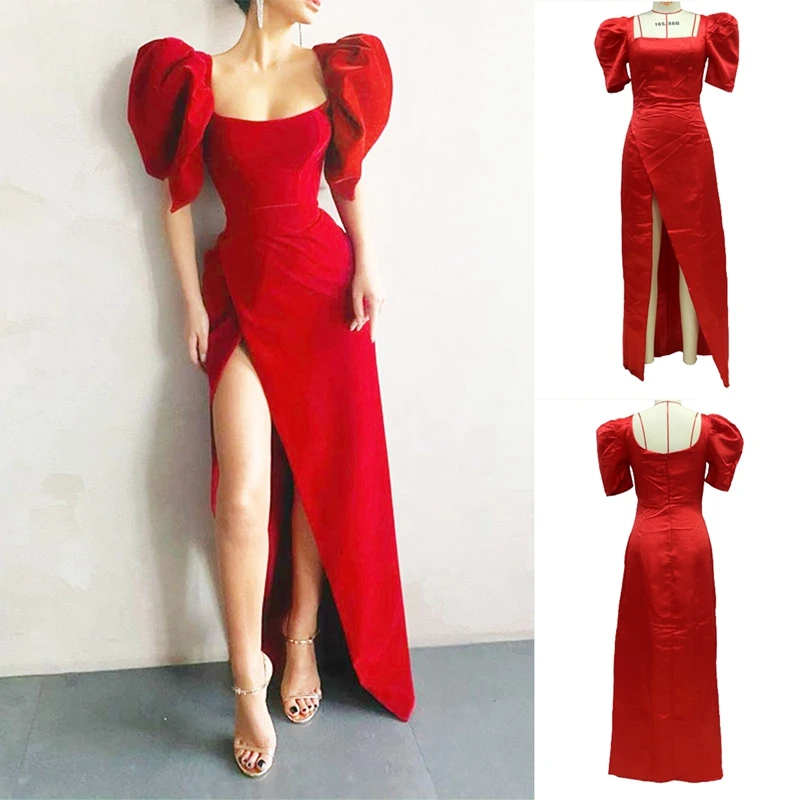 

Sexy Backless High Slit Women Dress Red Puff Sleeve Ruched Dress Women Autumn Slim Elegant Evening Party