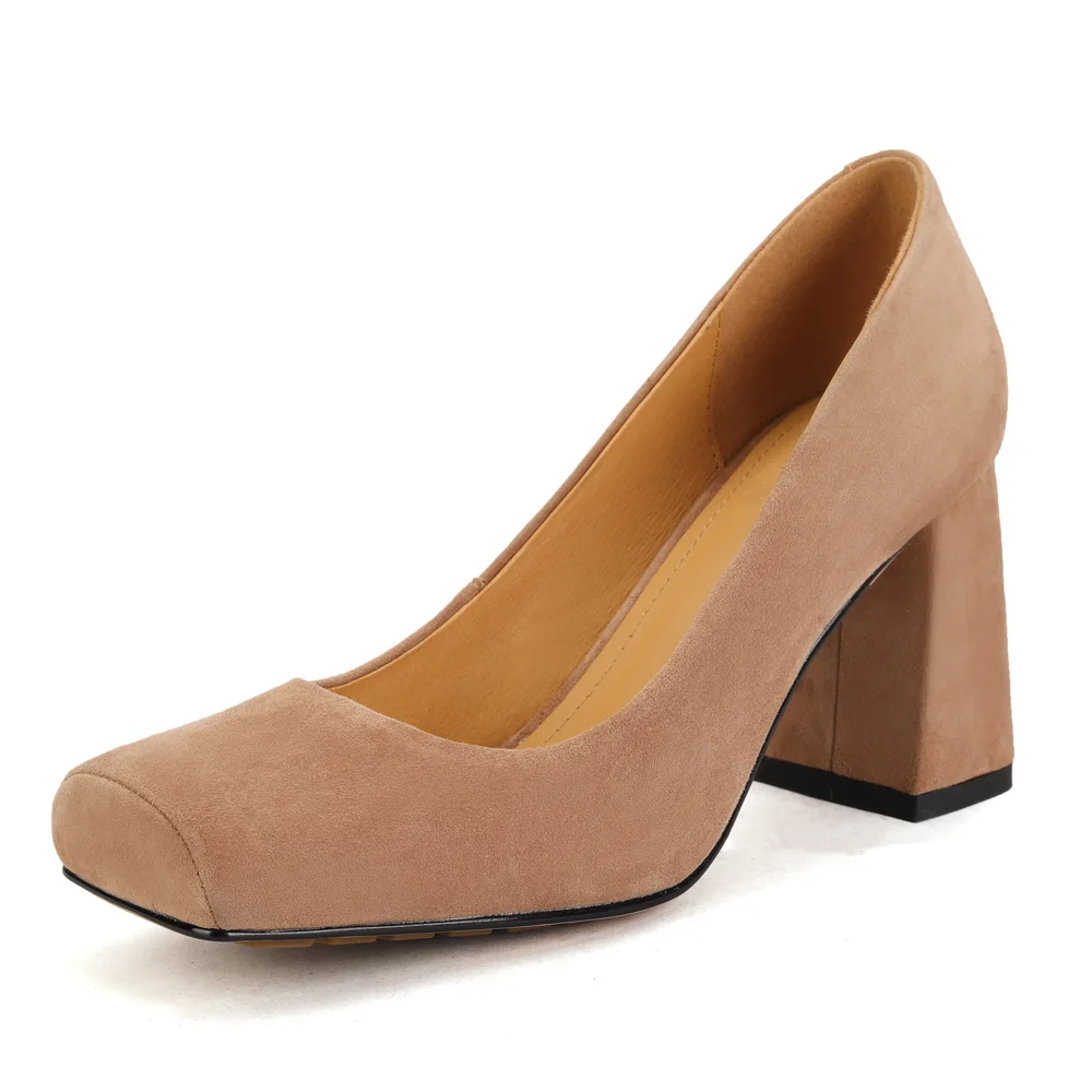 

2022 Fashion Women Luxury Suede Pumps Spring Summer Leather Loafers Square Toes Shoes Thick Heel Designer High Heels Brown Black
