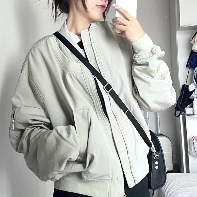 

Women Designer Loose Short Jackets Autumn Fashion All-Match High Street Coat Casual Solid Zipper Long Sleeve Tops