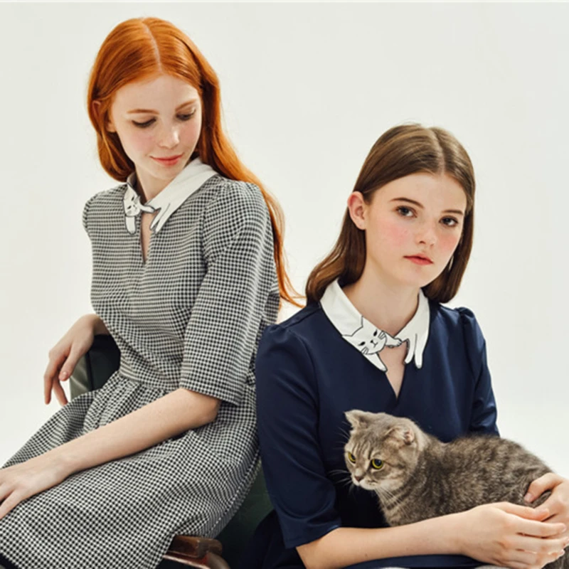 

England Retro Original Fake Collar Detachable Lapel Shirt Cute Cat Embroidery White Chiffon Collar Women's Clothing Accessories