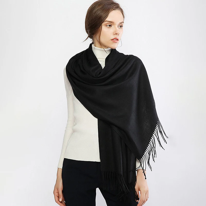 Теплый зимний кашемировый шарф для женщин однотонная шаль с кисточками длинная