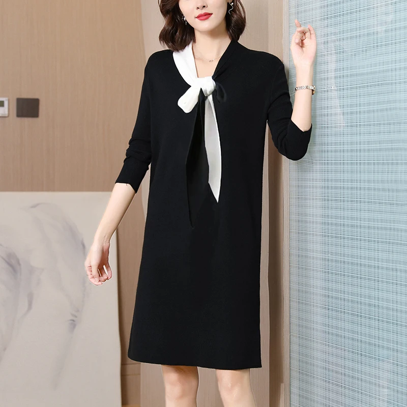 

Осеннее вязаное женское платье с длинным рукавом, приталенная Женская одежда, однотонное повседневное домашнее платье с высокой талией для...