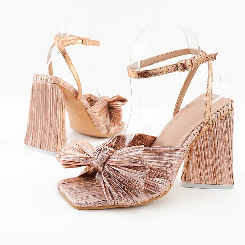 2022 г. летние женские Босоножки на каблуке Модные плиссированные сандалии с