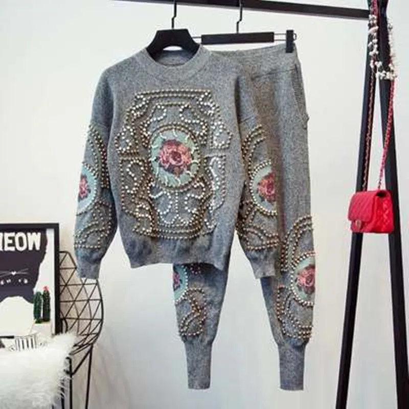 Fall Winter Fashion Beaded Embroidery Women's Suits Knit Sweater Tops + High Waist Pencil Pants 2 Piece Sets Sportswear Female