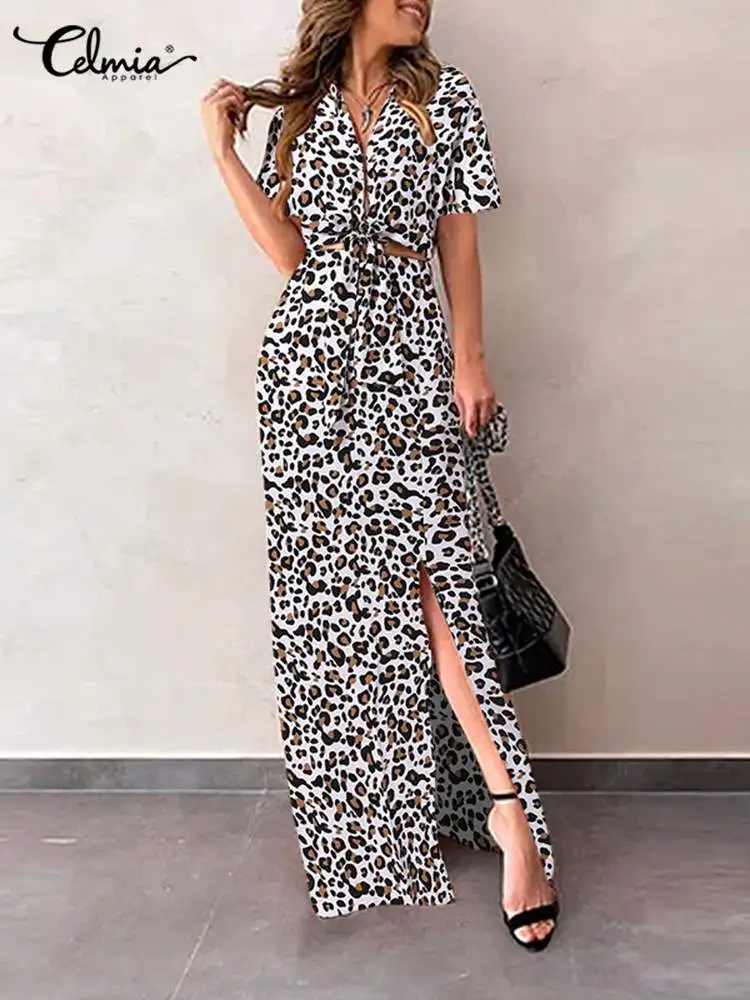 

Celmia Tied Front Shirts 2pcs Skirt Suits Leopard Print Outfits Short Sleeve Resort High Waist Slit Hem Skirt Fashion Dress Sets