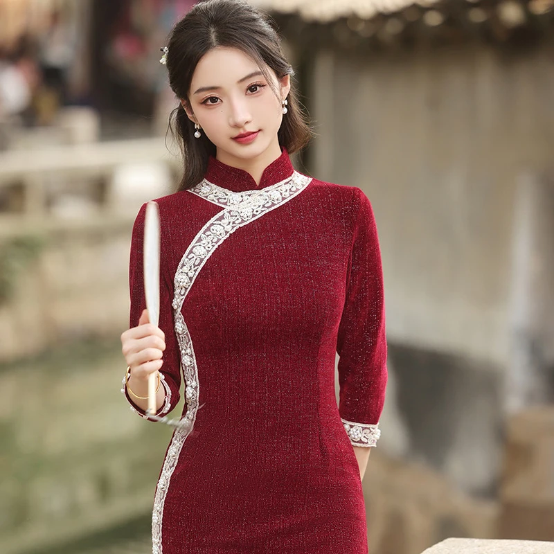 Осенне-зимнее тонкое темпераментное платье новое китайское женское Cheongsam