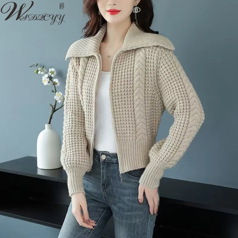 

Cropped Knitted Cardigans Women Solid Zipper Up Sweater Coat All-Match Autumn Winter Sailor Collar Knitwear Outwear Plus Size