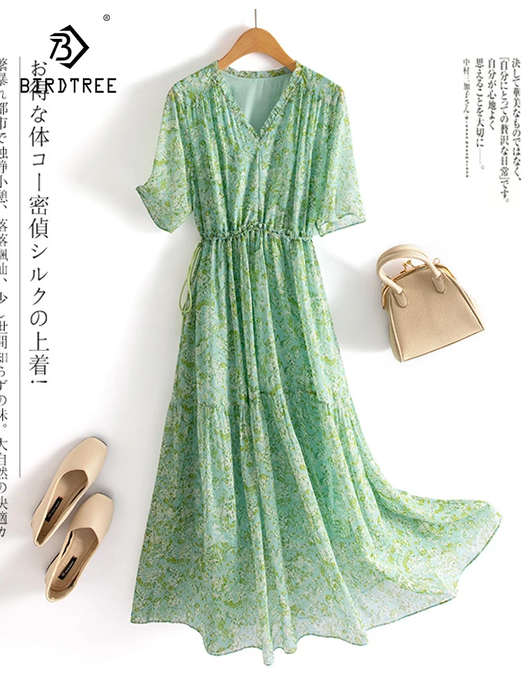 Birdtree 100%Mulberry Silk Bodycon Women Dresses V-Neck Short Sleeve Floral Printing Elastic Waist Elegent Midi Dress D37460QC