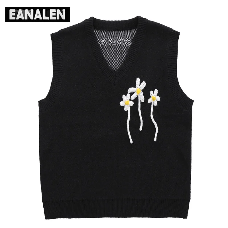

Harajuku Black Purple Embroidered Floral Jumper Sweater Tank Top Women's y2k Retro Oversized Knitted Ugly Sleeveless Sweater Men