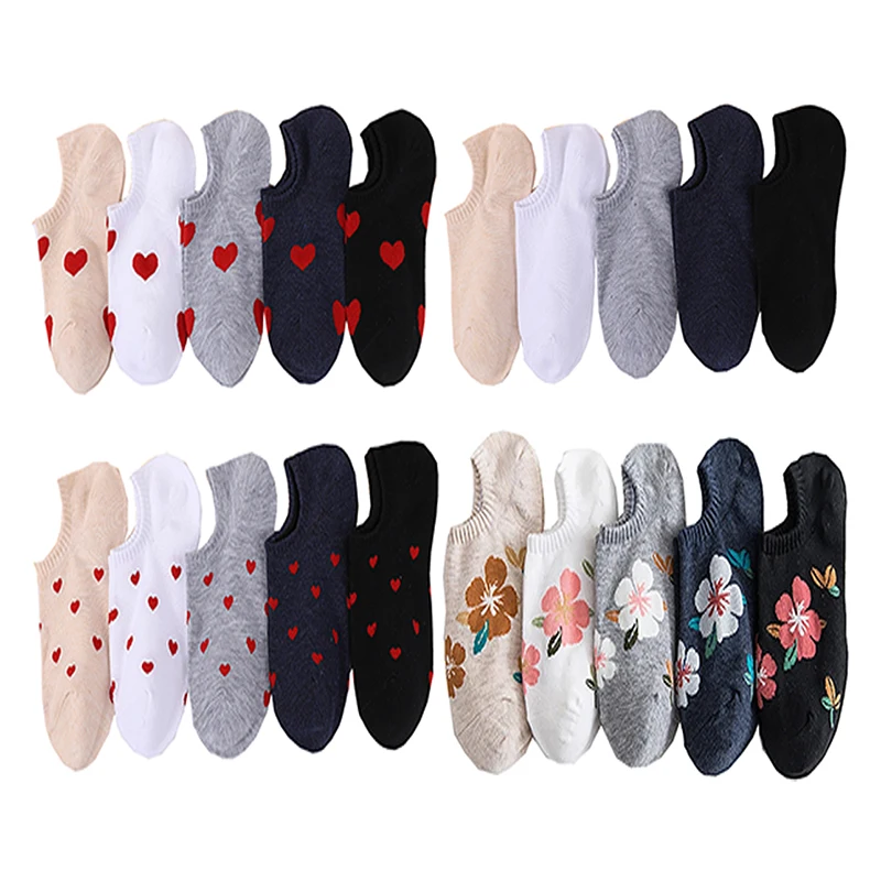 

5 Pair Kawaii Ankle Socks Women Flower Love Heart Solid Short Summer Cotton Socks Fashion Breathable Cool Shallow Mouth Sokken