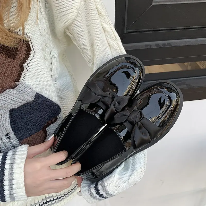 

Solid Leather Oxford Shoes for Women Shoes Woman New Slip on Platform Shoes Women Round Toe Bow Knot Casual Shoes Plus Size