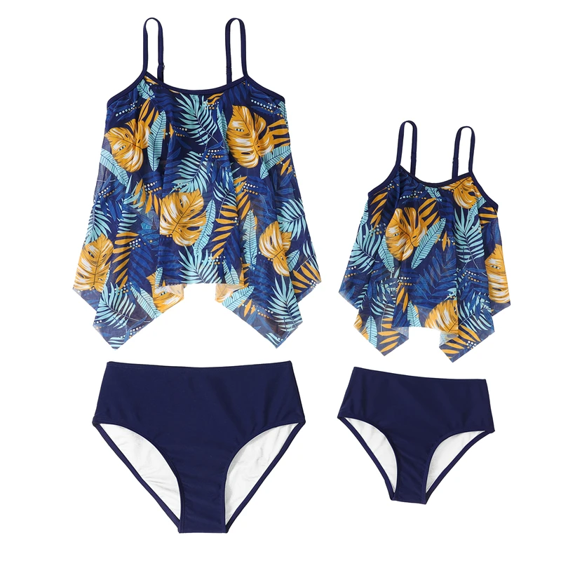 

Irregular Mother Daughter Matching Swimsuits Family Set Leaf Mommy and Me Swim Dresses Clothes Women Girls Swimwear Tops+Brief
