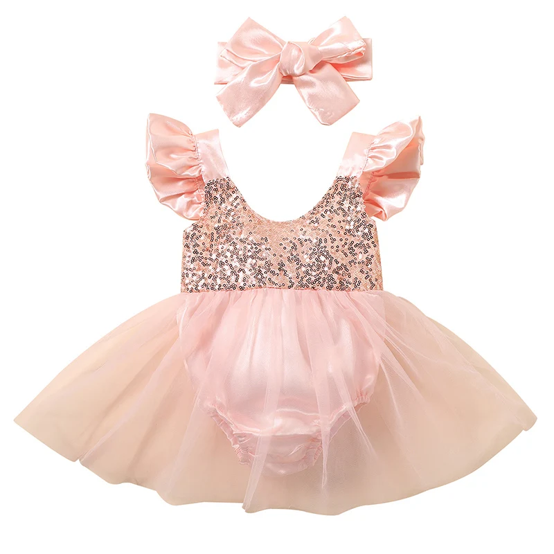 

Infant Baby Girls princess Romper Dresses Fly Sleeve Backless Sequin Patchwork Dress-Like Bodysuit Solid Headband Clothing