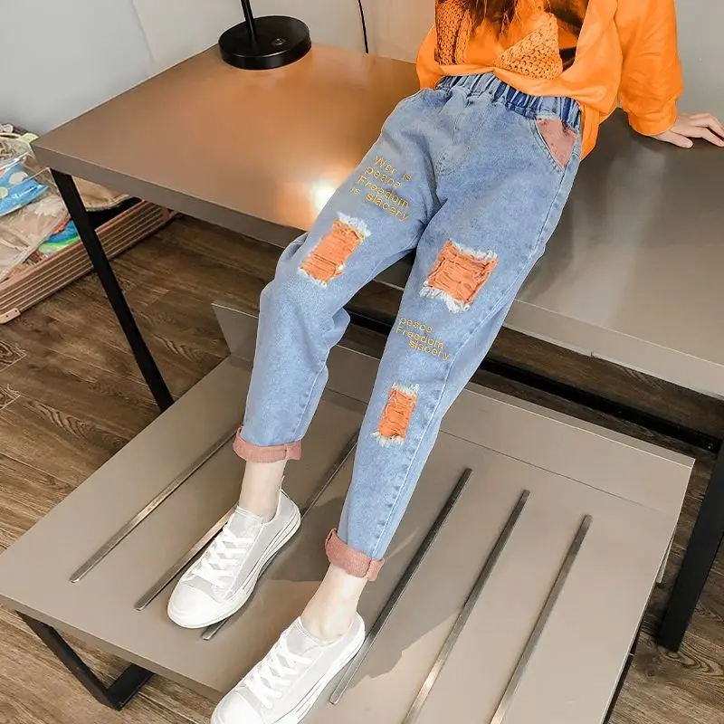 

Girls Jeans Pants Kids Denim Trousers Children Casual Cartoon Jeans Autumn Winter Toddler Baby Girl Clothes for 4-12 Years
