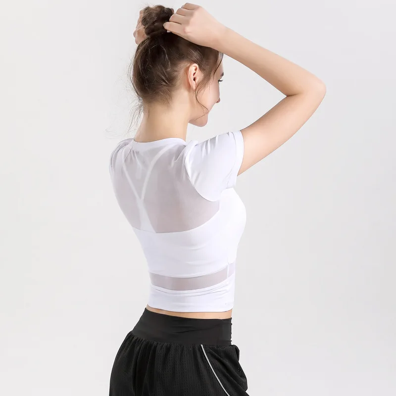 

Спортивные топы, Женская эластичная быстросохнущая футболка для тренировок и бега с открытым животом, сетчатые колготки с короткими рукава...