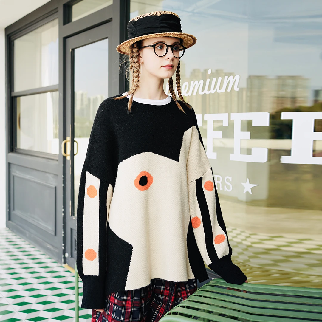 

Оригинальный черный свитер imakokoni с кроликом, женский осенне-зимний свободный свитер с длинными рукавами, Топ