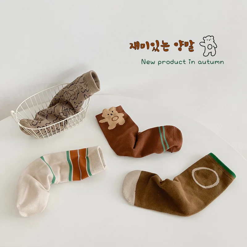 Осенние прямые носки до колен с мультяшным медведем для маленьких мальчиков и