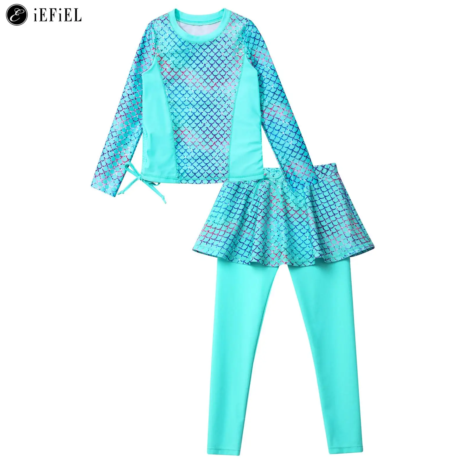 

Kids Girls 2Pcs Mermaid Scales Print Swimsuit Rash Guard Bathing Suit Long Sleeve Drawstring Tops Skirted Pants Swimwear Sets