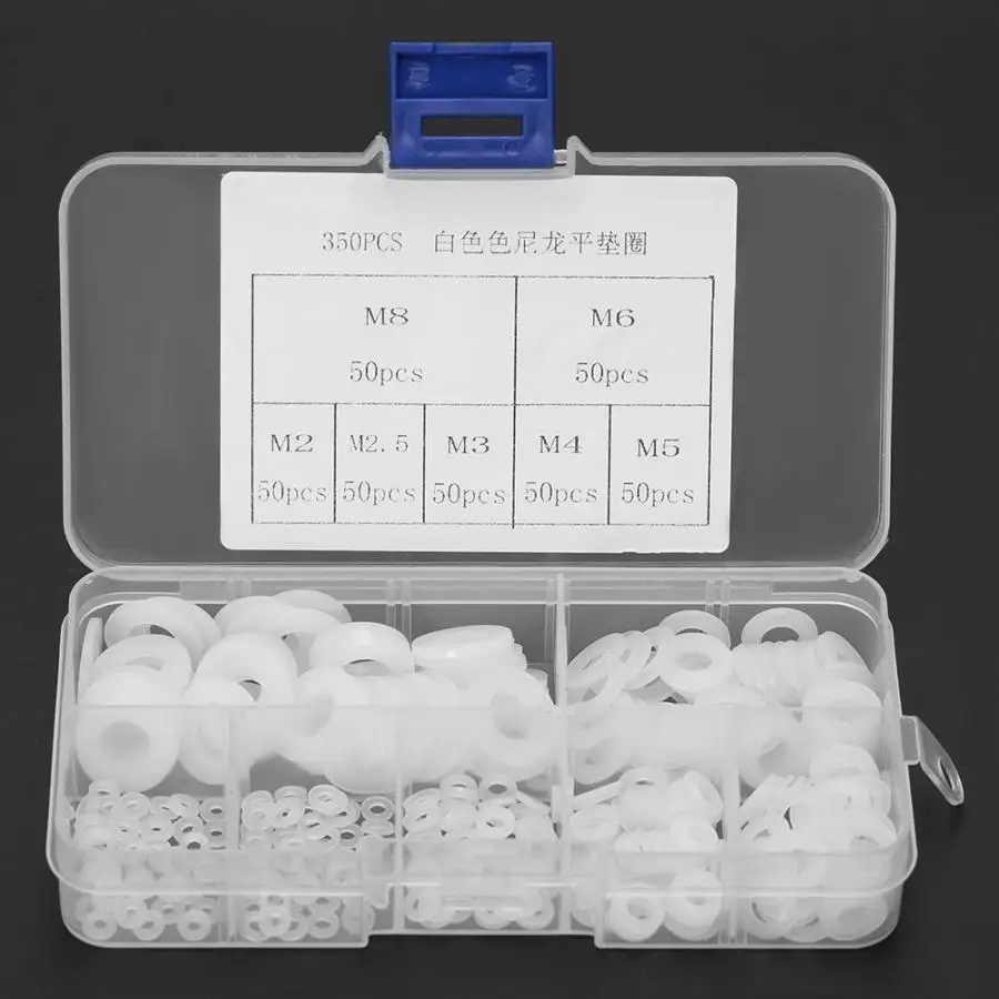 

350Pcs M2/M2.5/M3/M4/M5/M6/M8 White Nylon Flat Washer Gasket Plane Spacer Backup Joint O Ring Assortment Kit With Storage Box