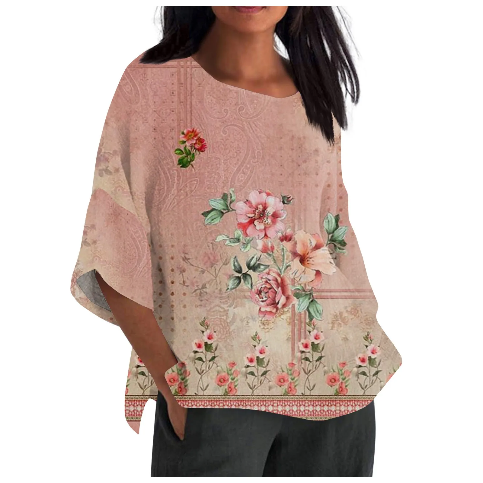 

Women Summer Cotton Linen T-Shirt Tops Printing Loose Fit Blouse 3/4 Sleeve Vintage Crewneck Plus Size Clothes Top Women Fashion