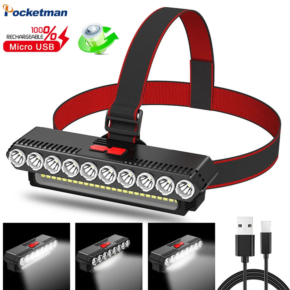 

COB LED Headlamp 10 Main Lights 25 Side Lights Wide Range Headlights USB Rechargeable 4 Modes Waterproof Headlight with Battery