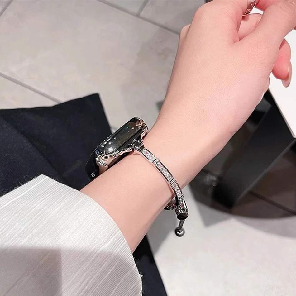 Фото Роскошный тонкий ремешок с бриллиантами для Apple Watch серии 11, 10, 9, 8, 7, 6 SE 5, UItra iWatch 49/46/45/44/42/41/40/38 мм, металлический браслет №5
