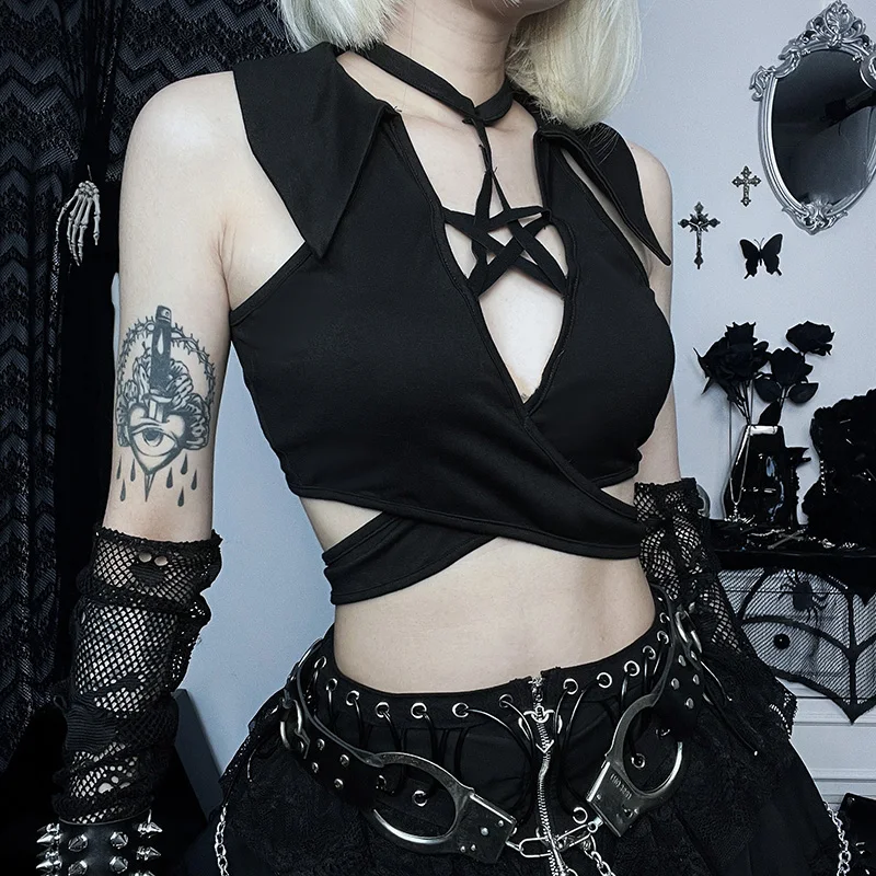 

Gothic Black Hollow Out Crop Tops Camis Y2K Sexy Pentagram Halter Sleeveless Grunge Corset Tank Tops for Women Summer Streetwear