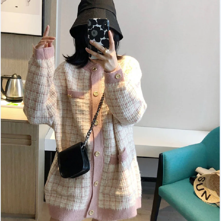 

Женский длинный кардиган в клетку, осенне-весенний вязаный кардиган в клетку, несколько цветов, 2021