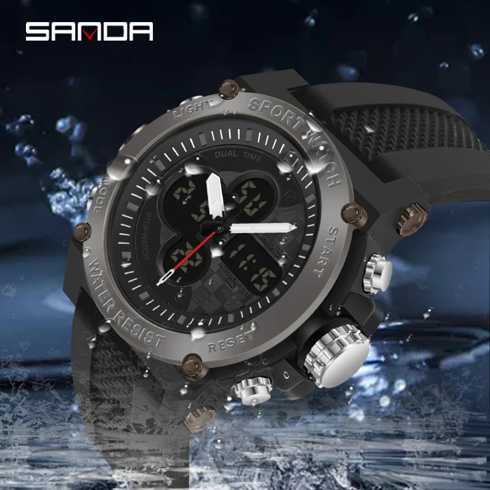 

SANDA Mens Watches Outdoor Sports Multifunction Dual Display Watch Luminous LED 50M Waterproof Watch Men Relogio Masculino 3107