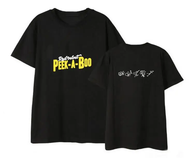 

Новое поступление, красная бархатная Футболка Kpop с принтом peek-a-boo, футболка с коротким рукавом и воротником, летняя стильная свободная футбо...