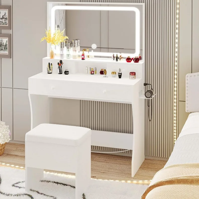 

LIKIMIO Vanity Desk with LED Lighted Mirror & Power Outlet & 4 Drawers, Dressing Makeup Table Set with Storage Stool and Hair