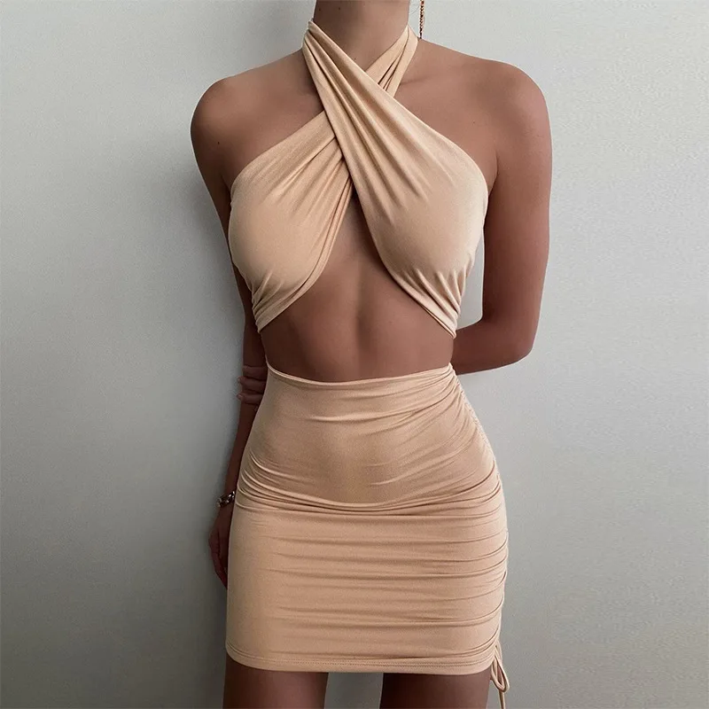 

AIIOU Women Halter Hollow Out Sleeveless Party Dresses Sexy Dress 2021 Bandage Off Shoulder Skinny Mini Summer Dress 2021 New